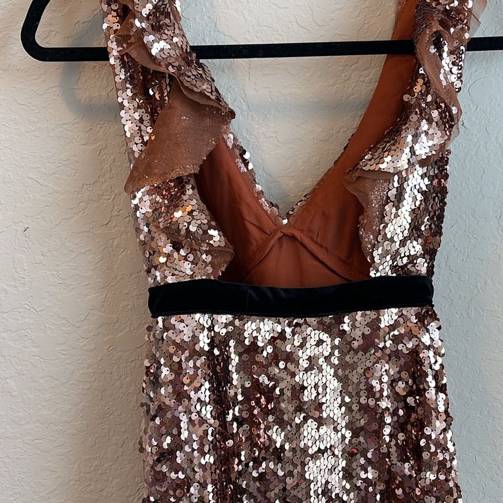 NWT Free People Tribeca Sequin Ruffle Brown Dress Velvet Bow Size 0 - Picture 7 of 11
